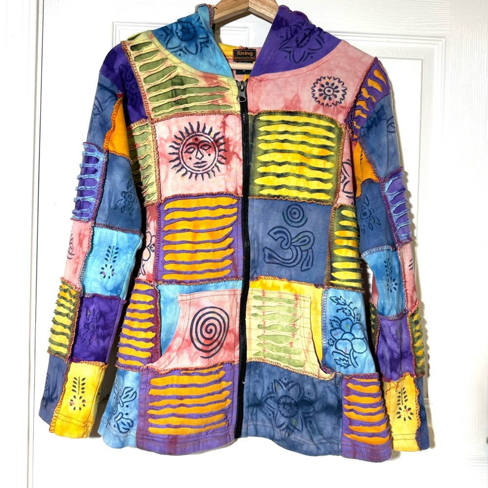 Rising International Patchwork Hippie Hoodie Jacket Size M Boho Rainbow Y2K 90S